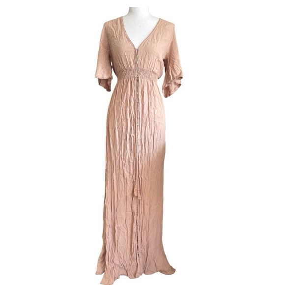 NWT Forever 21 Smocked Peach Maxi Dress Button Detail Cottagecore Prairie Church - Picture 3 of 10